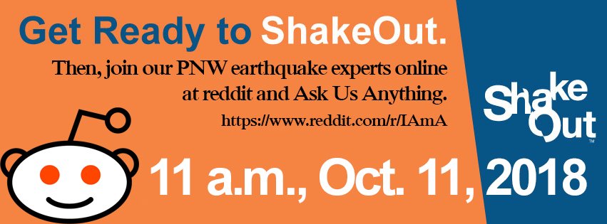 waEMD's tweet photo. In one week, we're teaming with @PNSN1, @strongtie &amp; @FEMARegion10 for a 
@reddit_AMA talking earthquake &amp; tsunami threats. 11 a.m., Oct. 11. https://t.co/wjStYSQir0 

Then, on Oct. 18, drop, cover &amp; hold on for the nationwide @ShakeOut drill #ShakeOut https://t.co/EWy1c3zJRS