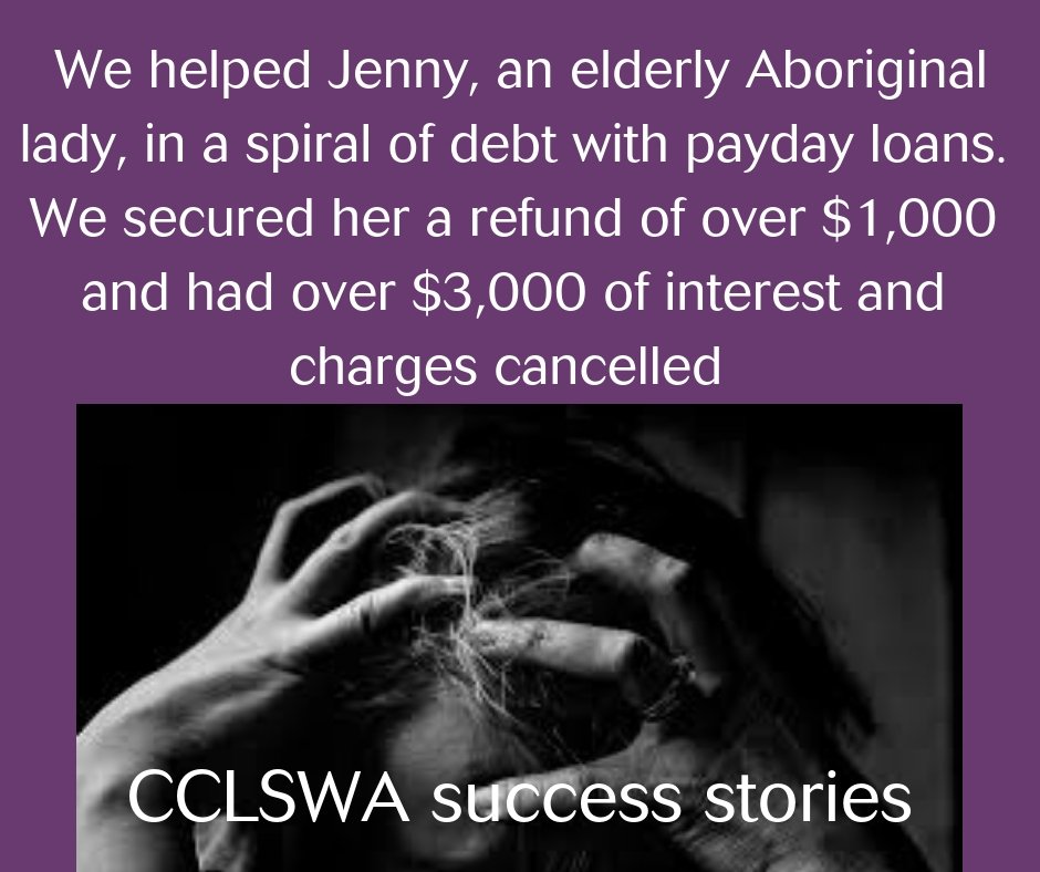 cclswa's tweet image. SUCCESS! CCLSWA has helped Jenny cancel over $3000 in payday loan fees!

If you have a consumer credit, banking or finance legal issue like Jenny, don’t hesitate to call our telephone advice line on 9221 7066 for free and independent legal advice. #CCLSWA #forfairfinance
