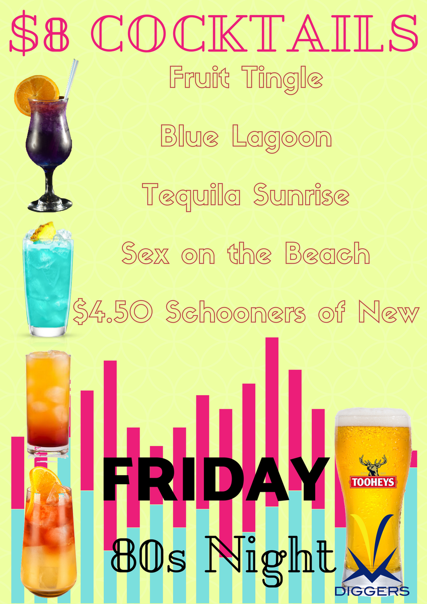 It's Friday night. Time to get our drink on! #friday #cocktails #diggers #tamworthdiggers #totally80s #80sparty #80sdanceparty #tamworth #fridaynight