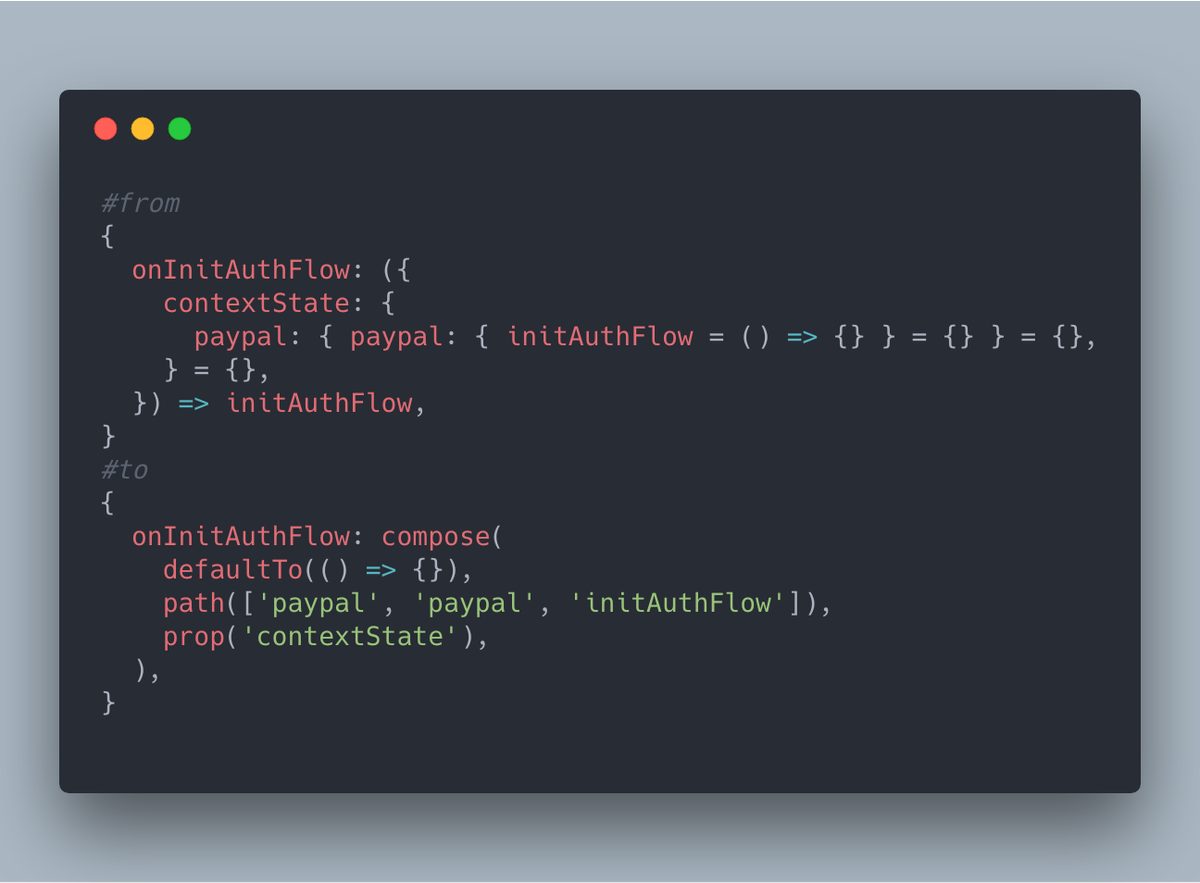 dotPKG's tweet image. #ramda vs #ECMAScript
prefer functional paradigm over destructuring as it offers potential reusability. #functionalJS #reactJS