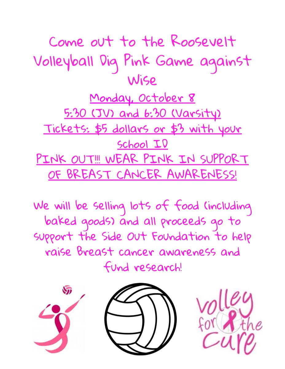 RooseveltSGA's tweet photo. Don’t forget to come out to the Dig Pink Volleyball game for breast cancer awareness NEXT MONDAY!! There will be a bake sale and all of the proceeds will go to breast cancer research!! 💗🏐💗 https://t.co/8yBkva13EC