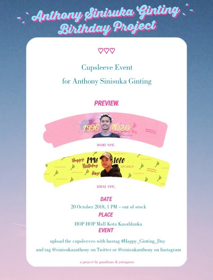 voirdelune's tweet photo. 🏸 Anthony Sinisuka Ginting Birthday Project 🏸
Cupsleeve Event for Anthony Sinisuka Ginting
📆 Saturday, 20 Oct 2018
🕐 1 PM - out of stock
📍 HOP HOP Mall Kota Kasablanka
#Happy_Ginting_Day #SupportGinting https://t.co/TyhJi2iKU0