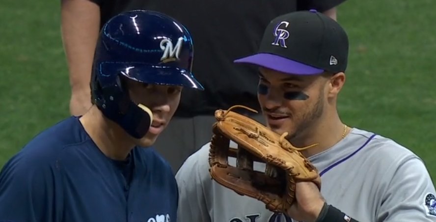 Cut4's tweet photo. Arenado: "Yo, anyone ever tell you that you look like Pete Davidson?"

Yelich: ................. https://t.co/JctoIJm364