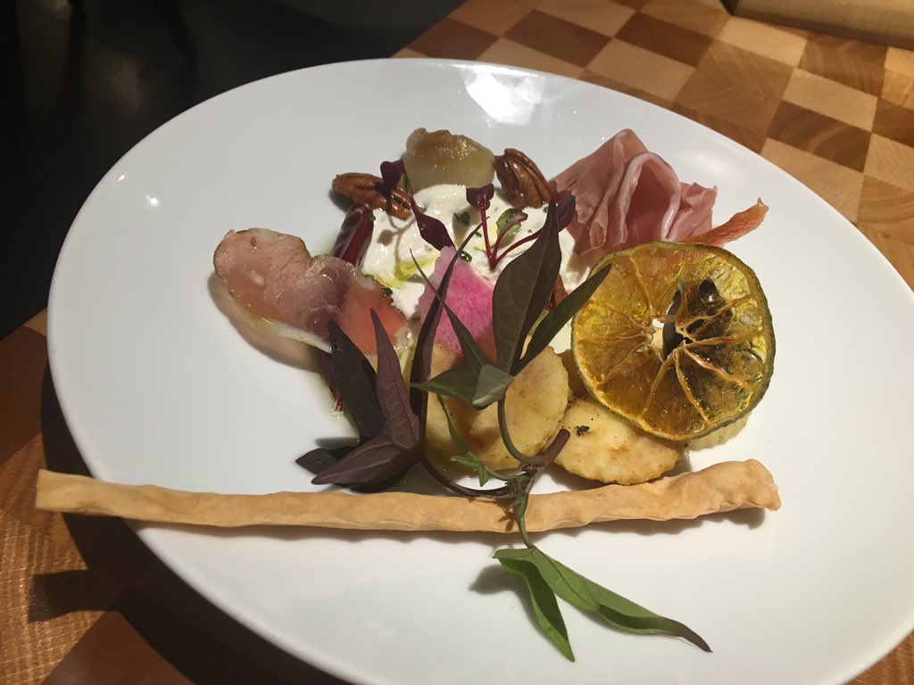 An extraordinary cheese plate of Brazos Valley labne, lanza, prosciutto, apple, Muscadine, candied lime, hot chile. My idea of dessert. <a href="/OssoKristalla/">Osso&Kristalla</a>