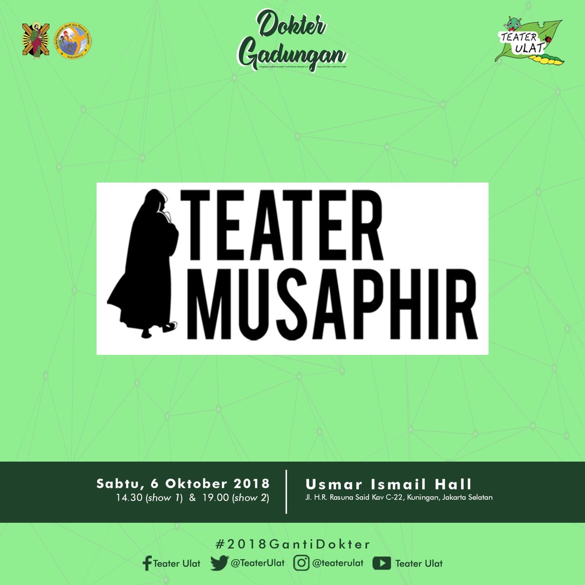 Teater MusaphiR merupakan PENDUKUNG ACARA Produksi ke 10 TEATER ULAT SEKAMI ST. ANDREAS bertajuk:
.
“DOKTER GADUNGAN”
.
📅 6 Oktober 2018
⏰ 14.30 (show 1) &amp; 19.00 (show 2)
📍 Usmar Ismail Hall
.
#teaterulat #makandaun #DokterGadunganNyaUlat #2018GantiDokter #DokterGadungan