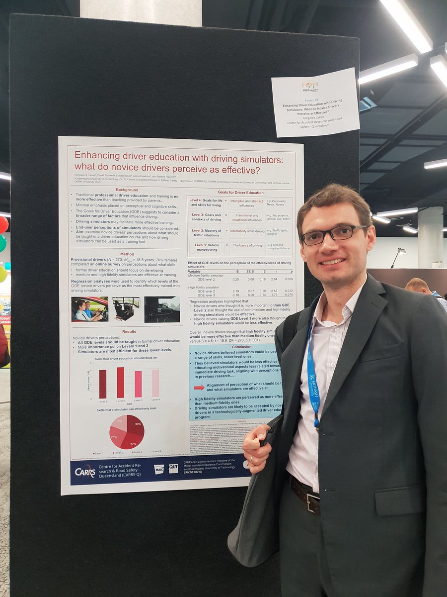 DrLyndelBates's tweet photo. Gregoire Larue from @CARRS_Q with his poster at #ARSC2018. Strong collaborative research project with partners from @GriffCrimInst Queensland Department of Transport and Main Roads and Roadcraft Driver Education https://t.co/DA4r8LKwPe