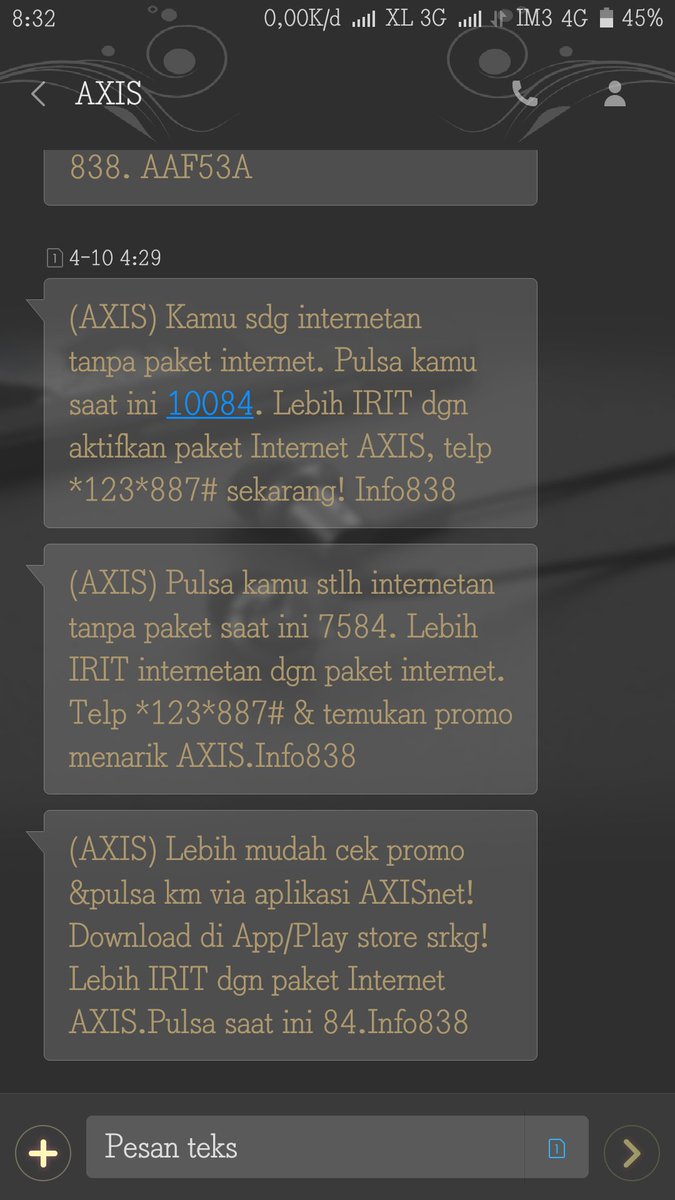 Qthink_Vinia's tweet photo. @ask_AXIS makin kecewa aja. Paketan habis ga ada notif,langsung potong aja .padahal hp cuma standby 1jam pemakian ga lebih dari 20 mb tp motong 10rb . Potongan juga ga sesuai riwayat transaksi https://t.co/dVnXM0oSgR