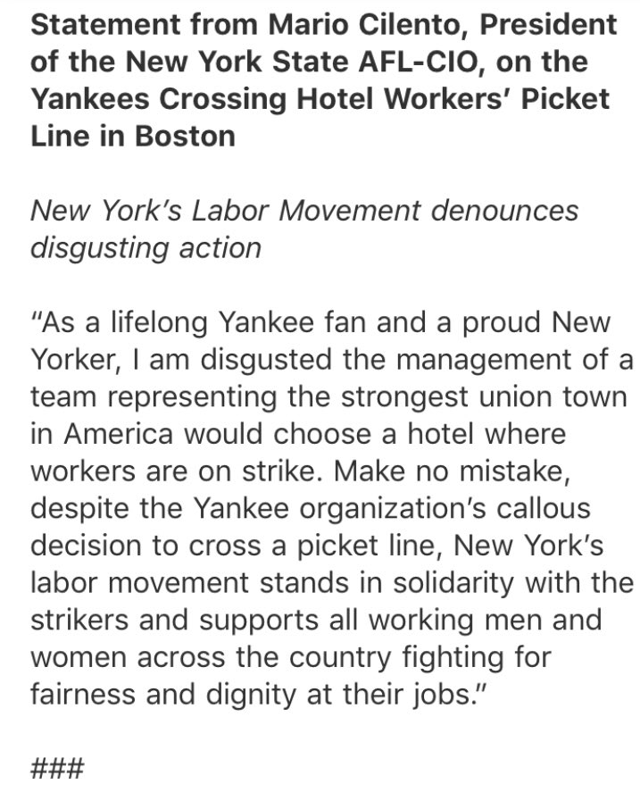 NYSAFLCIO's tweet photo. NYSAFLCIO Pres. Mario Cilento: “As a lifelong @Yankees fan and a proud New Yorker, I am disgusted the management of a team representing the strongest union town in America would choose a hotel where workers are on strike...” #UnionStrong #MarriottStrike https://t.co/VymvpLqjPH
