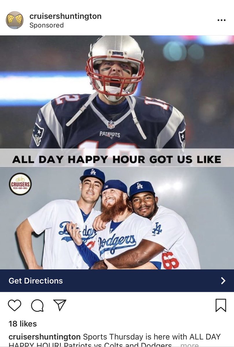 FletcherTrend's tweet photo. Something makes it hard to believe that a small bar in Huntington Beach has commercial advertising rights for the @Patriots, @Dodgers and TB12 #cruisershuntington #marketing101 https://t.co/JV27NCoCuP
