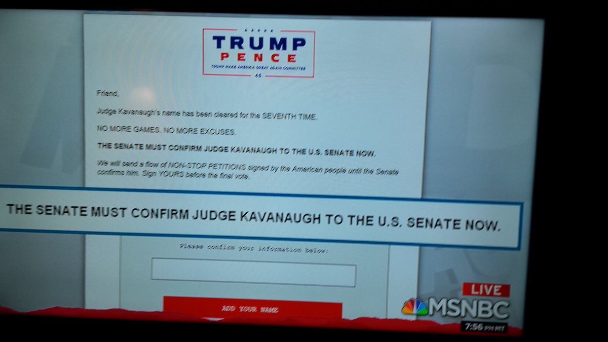 SandyBelknapNH's tweet photo. Best moment of the night...@maddow reporting on error in a Trump - Pence Campaign email sent tonight advocating that Kavanaugh be put in the US Senate. #MakeAmericaProofreadAgain https://t.co/MEeBlJfpa2