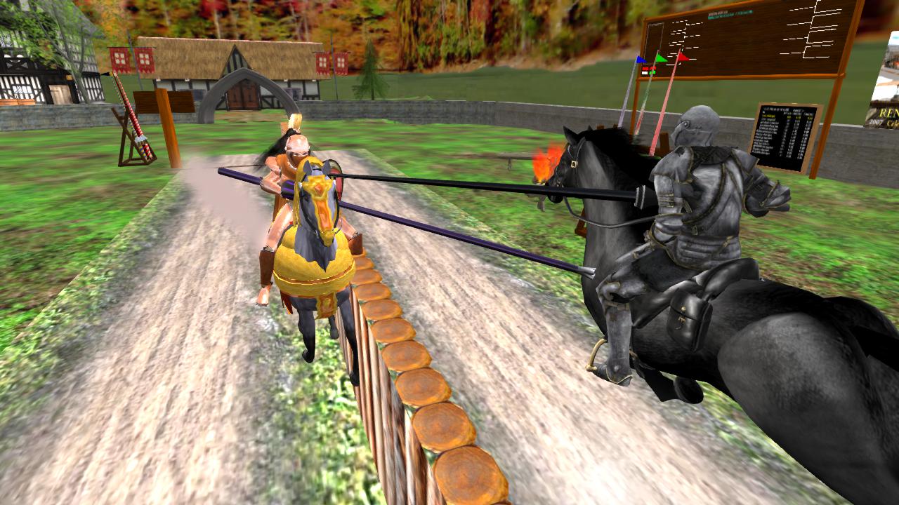 Queen Topaz charges in towards her opponent, Lucien Redangel, in Renaissance Island's Jousting Tournament in Second Life!