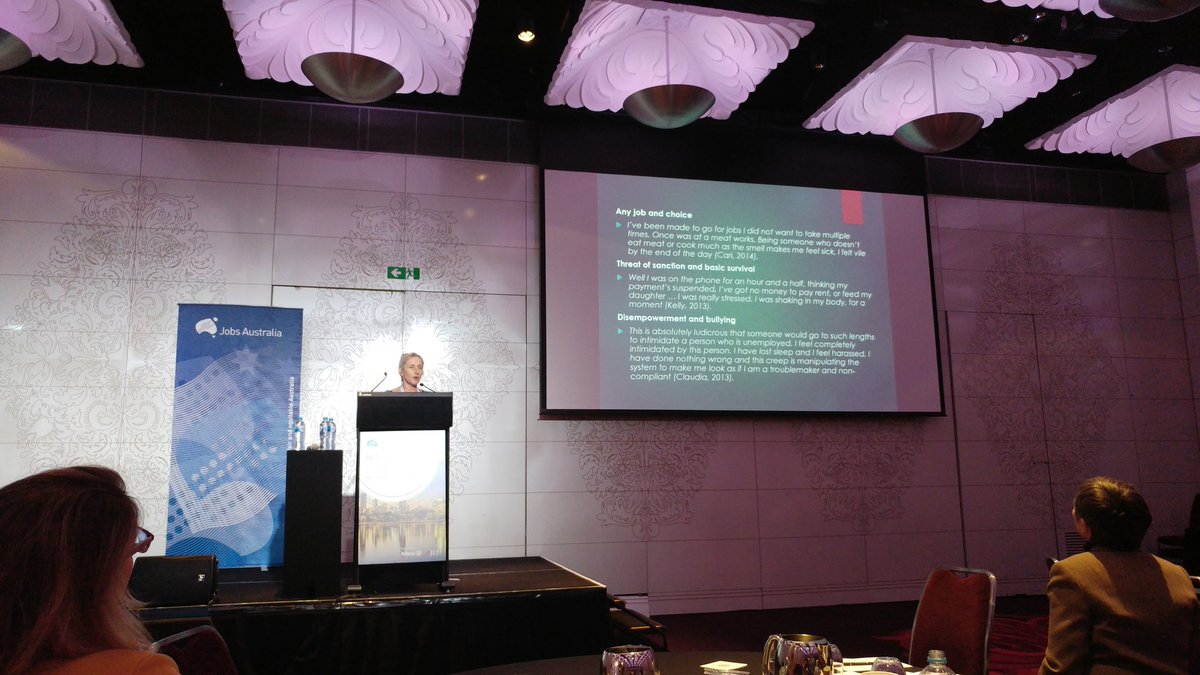DrSharonEWright's tweet photo. Dr Simone Casey shows how the threat and use of sanctions causes suffering for benefit recipients in Australia. Impacts include having to return to domestic abuse. Children affected too. #jaconf @JobsAustLtd https://t.co/2huhoiDqTM