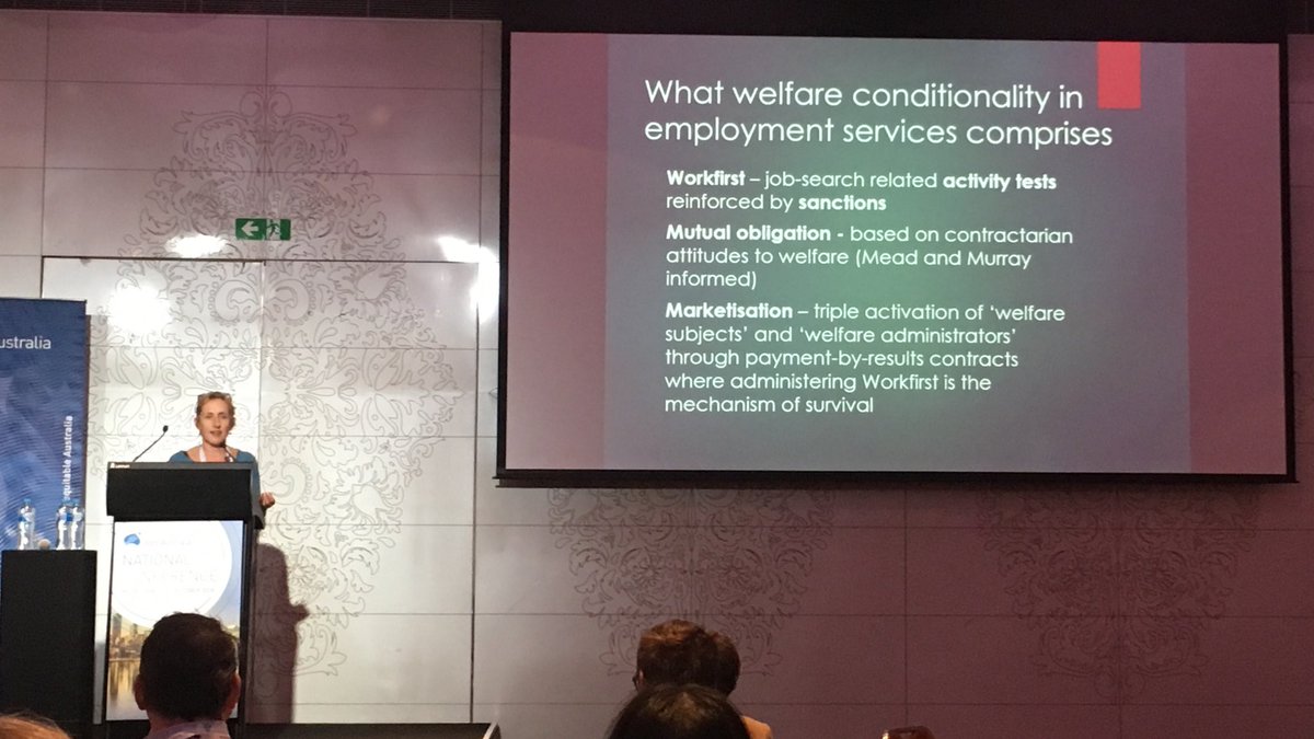olney_sue's tweet photo. Simone Casey presenting her research into welfare conditionality and street-level interaction between employment services workers and jobseekers: welfare dependence narrative persists but “where are the jobs?” Argues we need “ethics of care” in the system. #jaconf https://t.co/e7CVDEI8qy