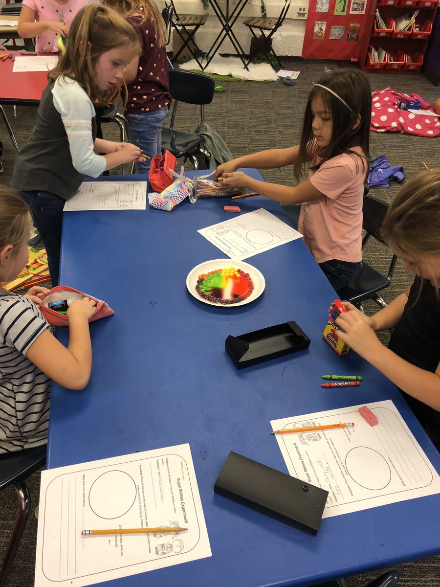 Mrs_Maberry's tweet photo. First graders experimenting with skittles and warm water. They were excited to see if their predictions were right. #scienceisfun #KCErocks https://t.co/lb9iYQFtVk