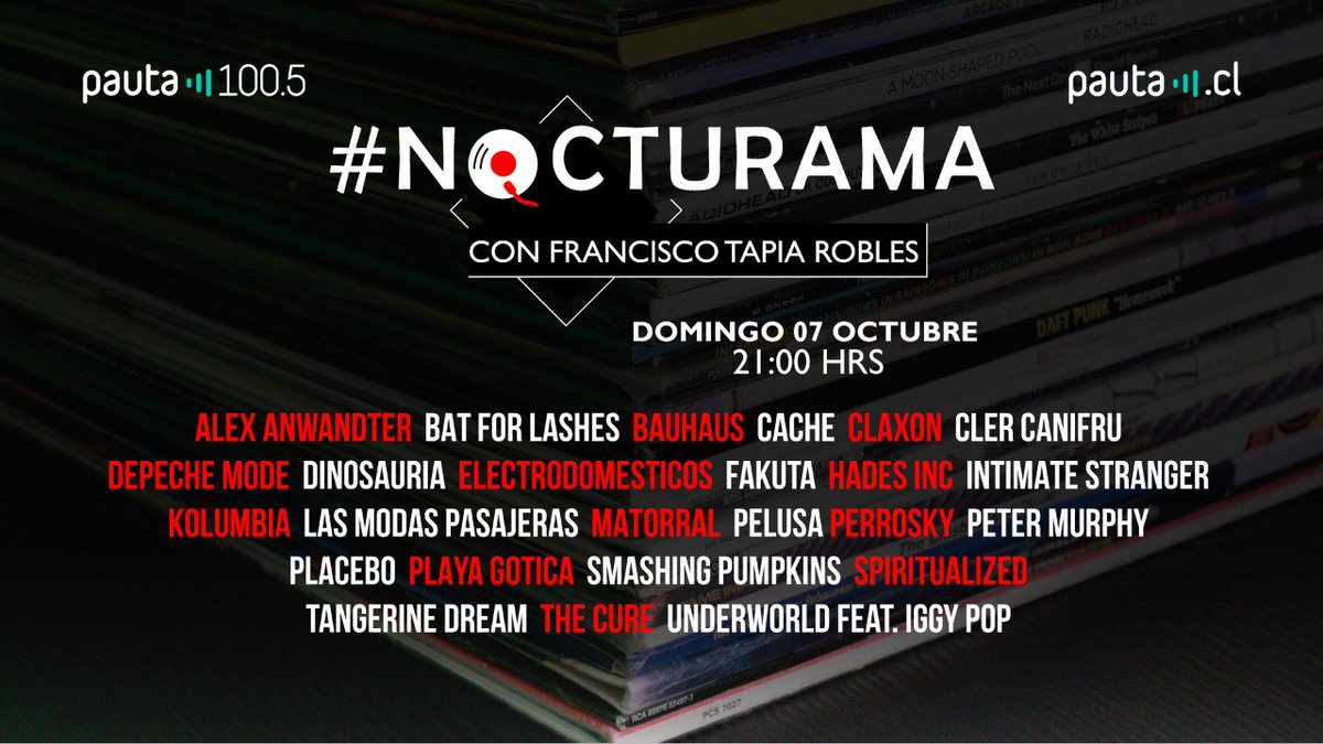 Media hora de <a href="/LosPerrosky/">PERROSKY</a> 
Tributos a <a href="/depechemode/">Depeche Mode</a> 
Todo sobre el <a href="/FluvialMusica/">Fluvial</a> 
Lo nuevo de <a href="/PelusaBanda/">PELUSAbanda</a> <a href="/KolumbiaChile/">KOLUMBIA</a> <a href="/youarestranger/">INTIMATE STRANGER</a> <a href="/cachemusica/">Calle y Poché anunciaron música?</a> 
Pedidos con <a href="/muse/">muse</a> <a href="/thexx/">thexx</a> <a href="/Invernessbanda/">INVERNESS</a> <a href="/loureed/">Lou Reed</a>

Así viene la cosa este domingo... 
No me fallen
F