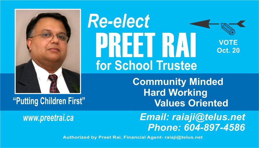 Back from door knocking and handing out flyers at the councillors debate.
Brrrrr. It’s cold out there! Dress warmly! 
Remember on October 20th vote for the tallest candidate with the shortest last name RAI 
Preet Rai for school trustee!