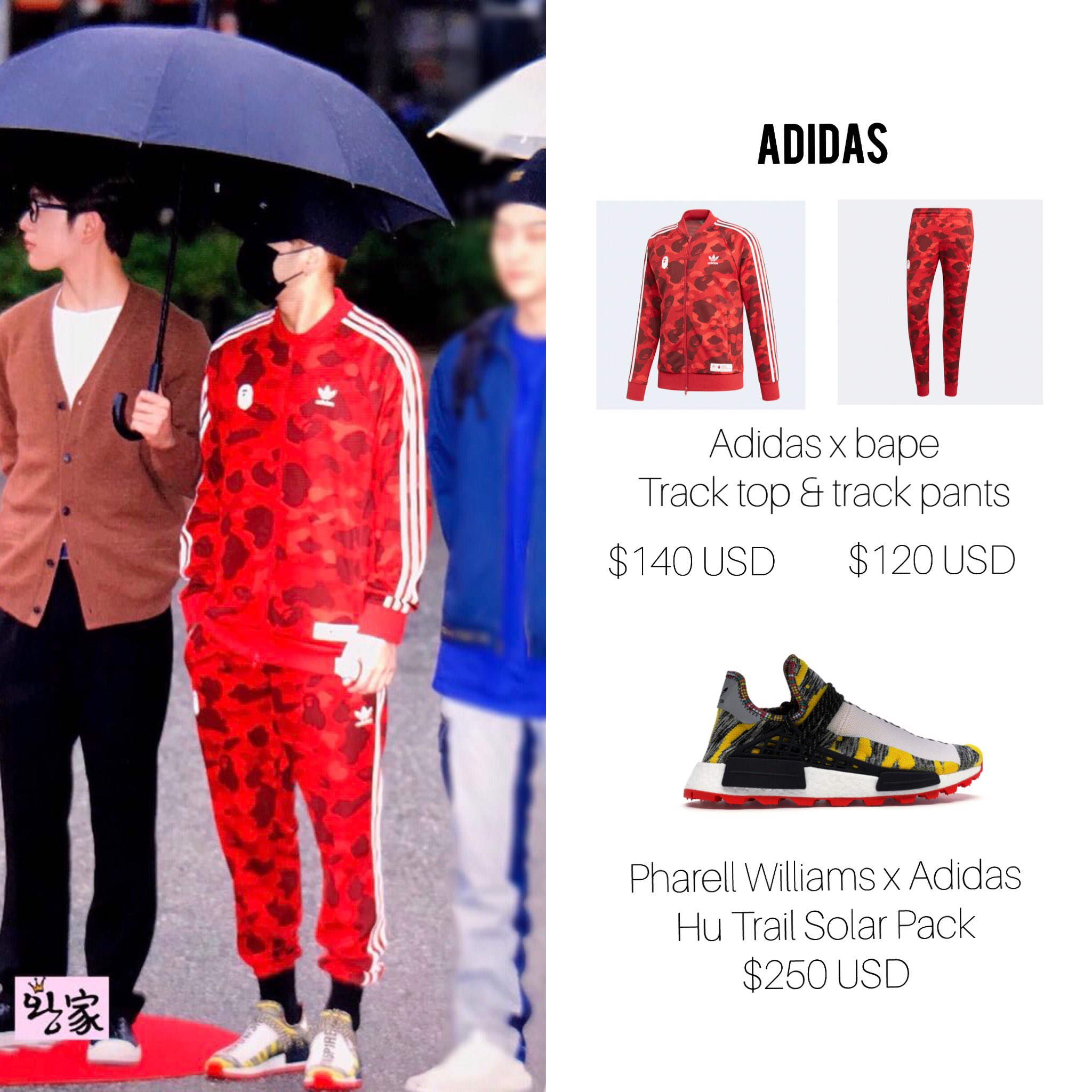 Camello Injusto pronto jacksonwears on Twitter: "181005 Top Adidas x bape track top $140.00 USD  Bottom Adidas x bape track pants $120.00 USD Shoes Adidas x Pharrell  Williams Hu trail solar pack $250.00 USD https://t.co/PbFZnfabWy" /