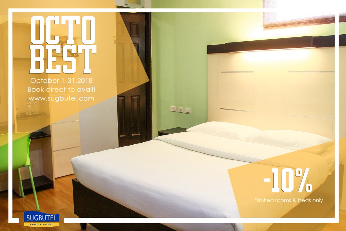 SugbutelFH's tweet photo. Create best moments with Sugbutel's OctoBest Promo📅 Get up to 10% discount! Book in our website https://t.co/CDscCnbiwp to avail!🎉
#cebuhotels #cebucity #cebucityhotels #budgethotels #hotelpromos #cebupromos #october2018 #octoberpromos #octoberpromo #octobest #vsco #photography https://t.co/7KgnAuyd21