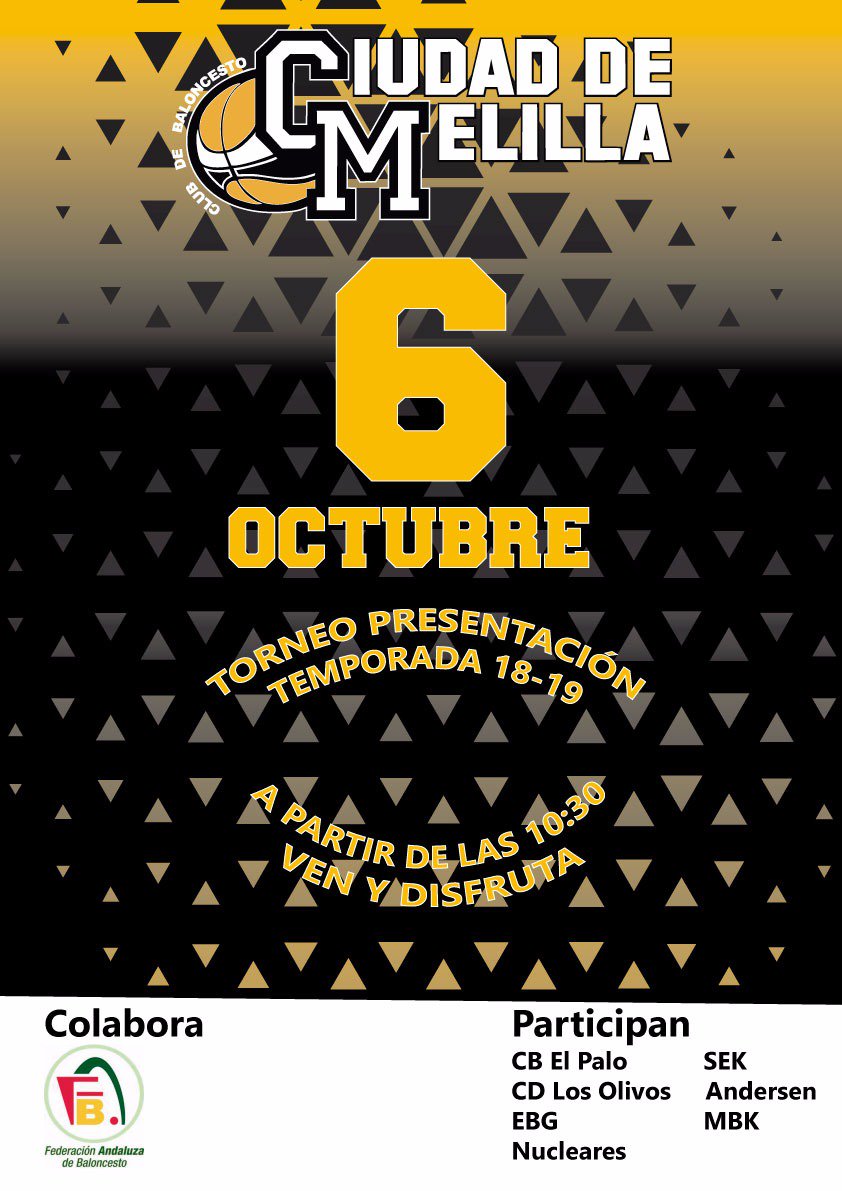 CBCiudadMelilla's tweet photo. Mañana tenemos basket del bueno en nuestro patio: Torneo de Presentación de la temporada 18/19

Participan @EBGMALAGA @cbelpalo @BasketOLIVOS @clubmbk @SEKbaloncesto @AndersenCB 

Colabora @FAB_Malaga 

#SomosBaloncesto https://t.co/8ymyOqDunY