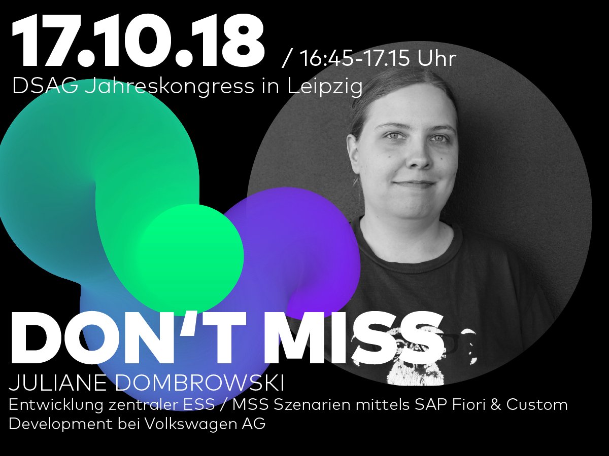 BOLDLYGO_FFM's tweet photo. Meet our experts at #DSAGJK18 in Leipzig! Don't miss Juliane Dombrowksi @grapegusher gemeinsam mit unserem Kunden @Volkswagen im Vortrag: Entwicklung zentraler #ESS-/#MSS-Szenarien mittels #SAPFiori &amp; Custom Development - https://t.co/C9wDH87Inq #SAP #Technology https://t.co/8uCdIY6x49