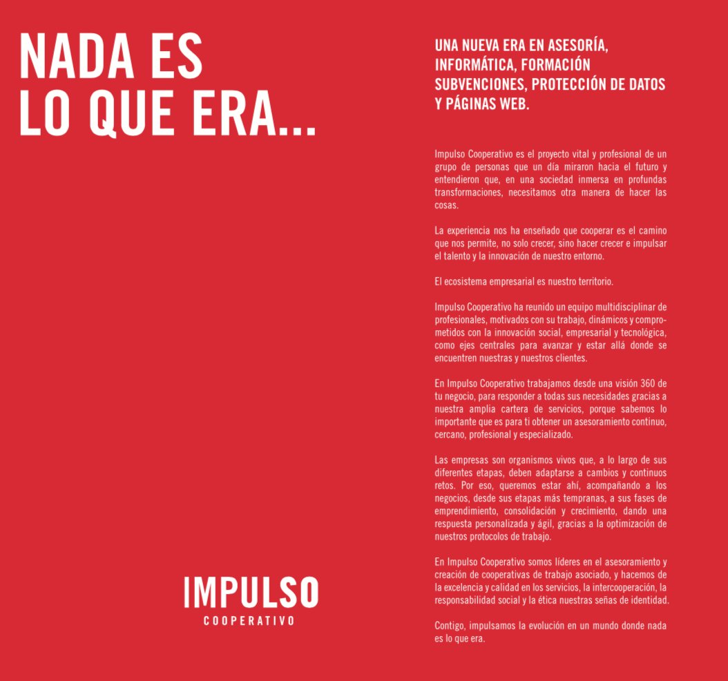 Nos encanta que conozcáis parte del #storytelling #transmedia que hemos creado para <a href="/impulso_coop/">impulsocooperativo</a>,  aquí en formato folleto divulgativo. Construir el #relato de una empresa es hacerla única, diferencial, glocal y cercana a su público. #cooperativas #comunicación <a href="/fevecta/">FEVECTA</a>