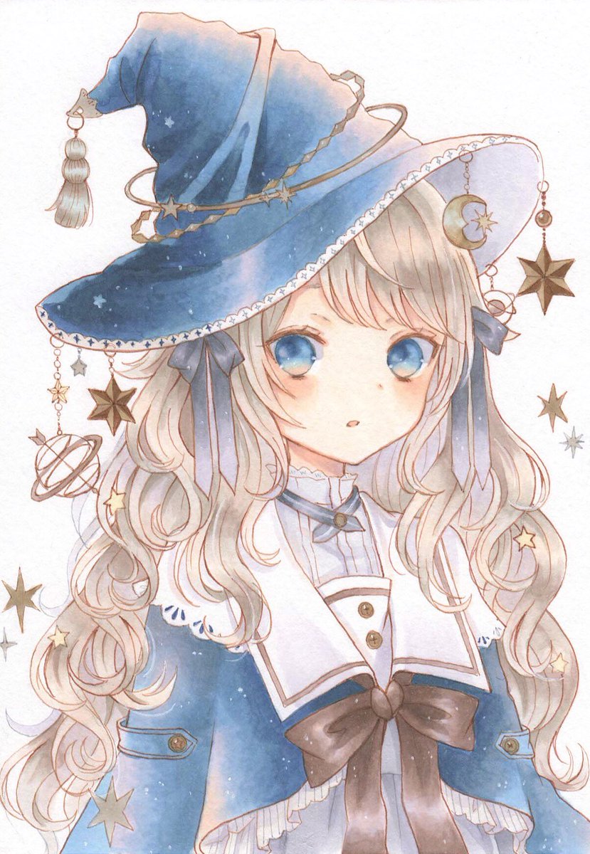 1girl solo hat blue eyes witch hat long hair blue headwear  illustration images