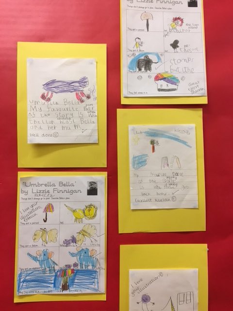 Love these! Pictures of the writing done by J1-3 at Hamilton college @SouthLanCouncil following an author visit. Doesn’t their display look amazing?! #readingresource #writingresource #lizziefinniganwrites #katiedraws #keeptwirling #flyhigh #buttonsbigadventure #umbrellabella