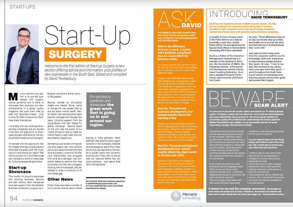 Merranti's tweet photo. Our Brighton Business Consultant @dtewkesb has been sharing his knowledge with @PlatBusMag about Start-ups.
His section, Startup Surgery is definitely worth a read if you are considering starting up a business.
https://t.co/ov7TcV5J8J
#merranti #letstalkbusiness https://t.co/Q9c8xr3ef7