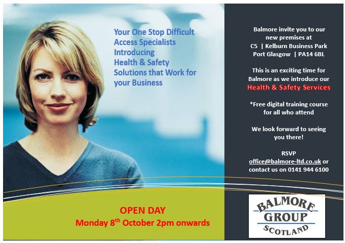 balmore_group's tweet photo. Balmore welcome everyone to attend our Open Day on Monday 8th October from 2pm. 
Introducing our new Health &amp; Safety Services.  
Come along for some tea &amp; cake! 
We look forward to seeing you all there. https://t.co/WOo4gHcDg0