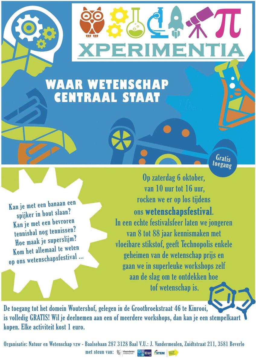 Heb je nog niets te doen morgen? Kom dan genieten van het mooie weer op ons allereerste wetenschapsfestival, Xperimentia! Iedereen is welkom om kennis te maken met verschillende aspecten van wetenschap! Een unieke kans  om te ontdekken hoe leuk wetenschap kan zijn!
See you there!