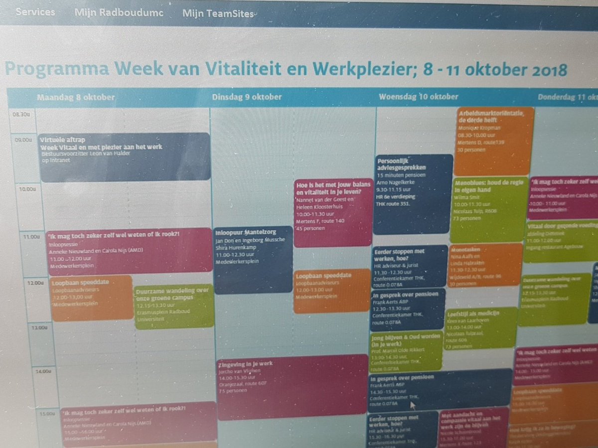 hjmaters's tweet photo. Aanmeldingen Week vitaliteit &amp; Werkplezier voor medewerkers @radboudumc 8-11 oktober loopt storm! #wegaanvoorduurzaam #komook #erisnogplek https://t.co/UZzhWhgbnX