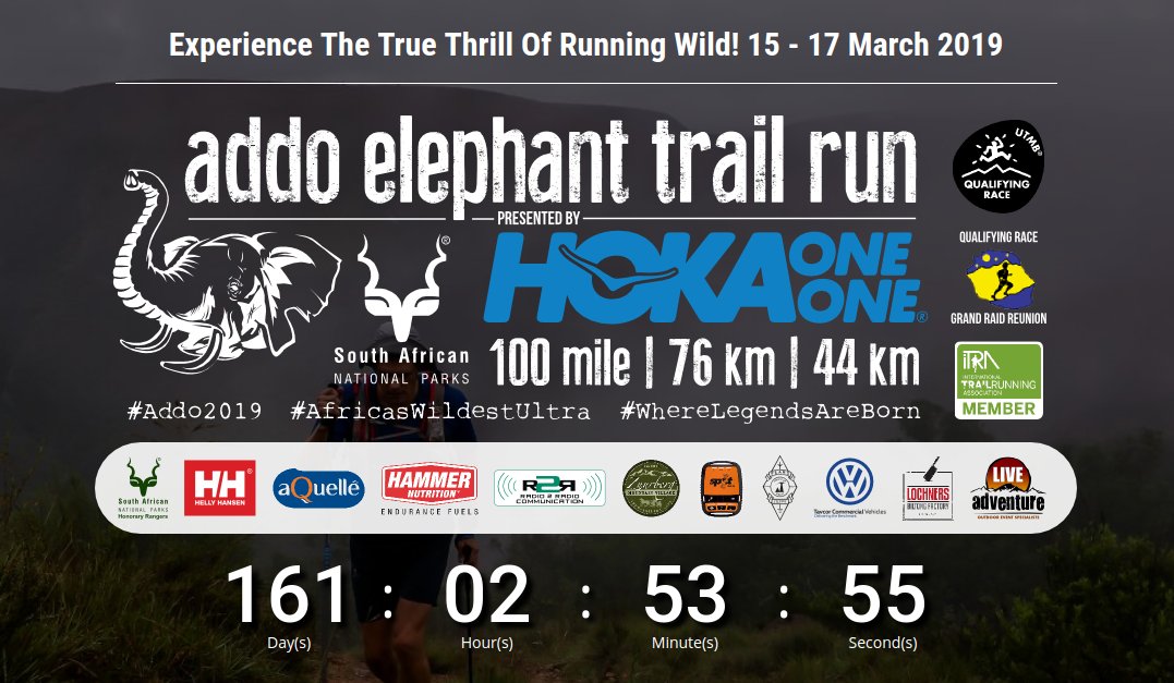 161 days until we run 161 kays at the 2019 #Addo100 miler! Have you got your entry to #AfricasWildestUltra yet? We are currently just over 50% sold, so head over to addo.run to secure your spot NOW! <a href="/HokaOneOneSA/">Hoka One One SA</a> <a href="/TrailrunSA/">Trail Run SA</a> <a href="/Trailza/">TRAIL magazine 🇿🇦</a> <a href="/HellyHansenSA/">Helly Hansen SA</a> <a href="/hammernutrition/">HAMMER NUTRITION</a>