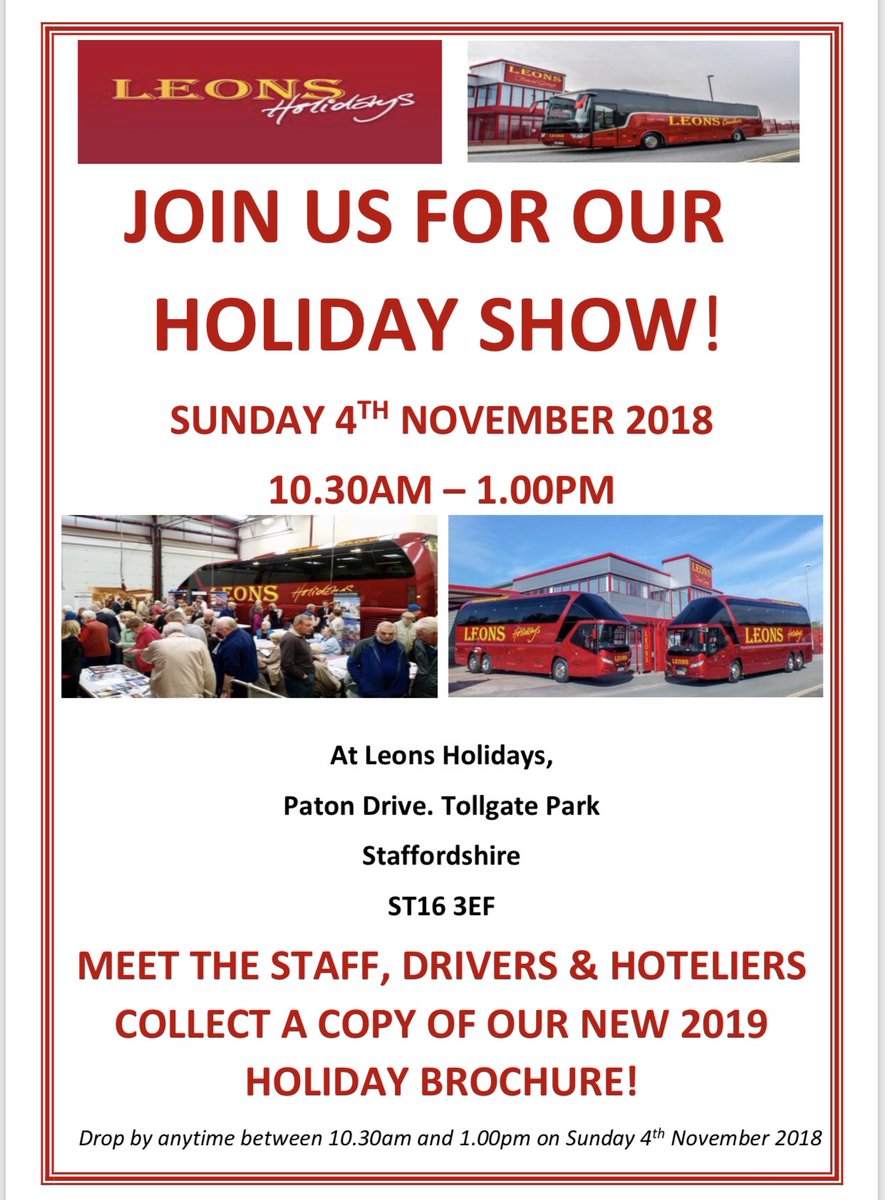 leonscoaches's tweet photo. Join us for our annual holiday show . Sunday 4th Nov 2018 #leonsholidayshow #leons https://t.co/u5kuxa6RyT
