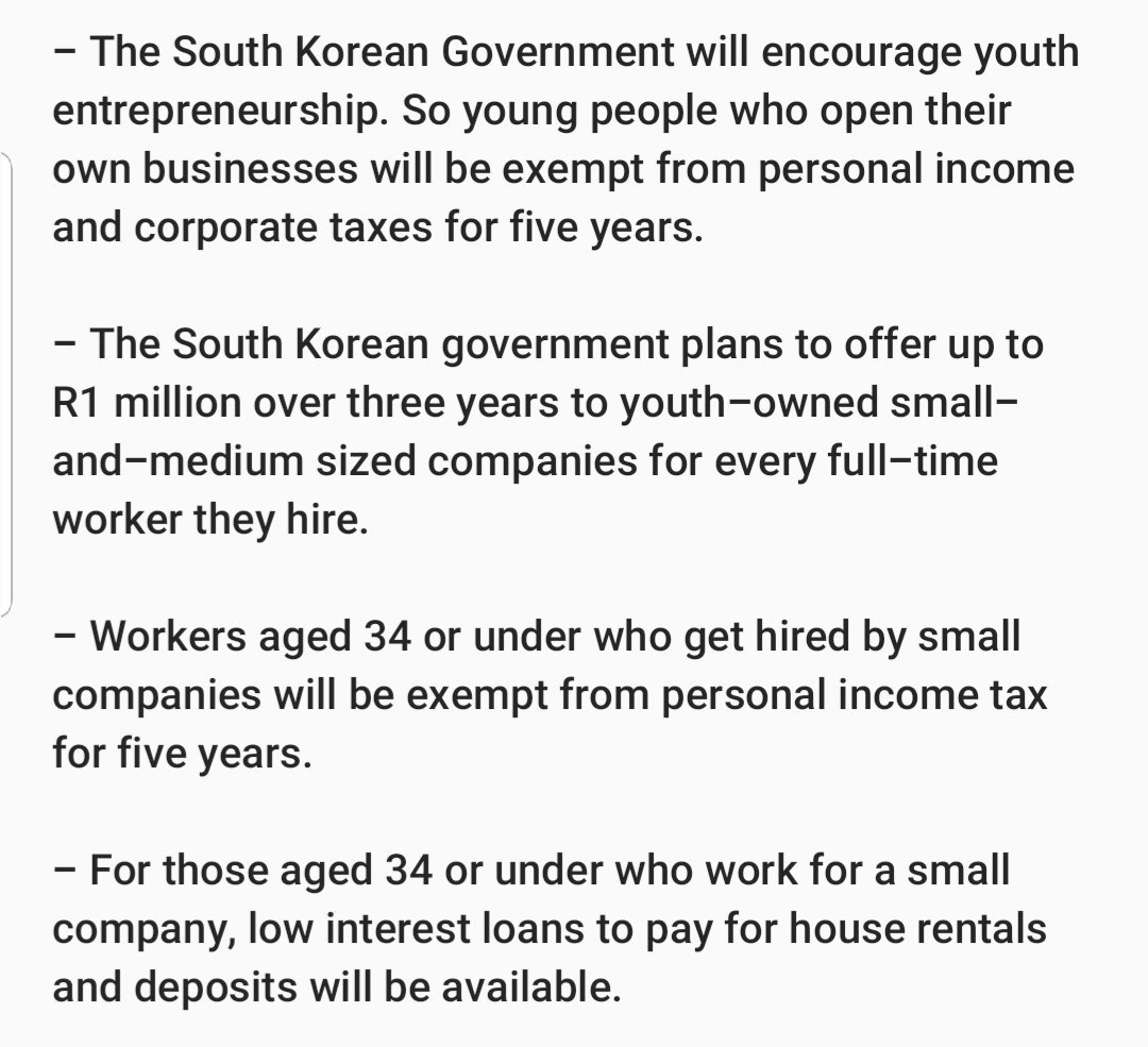 TebogoDitshego's tweet image. #JobsSummit South Korea has a youth unemployment rate of 9.8% which they consider to be a crisis - so they're going to spend R52 billion over the next 3 years to reduce it to below 8% by 2021.  Here are the measures which will be put in place in South Korea with immediate effect;