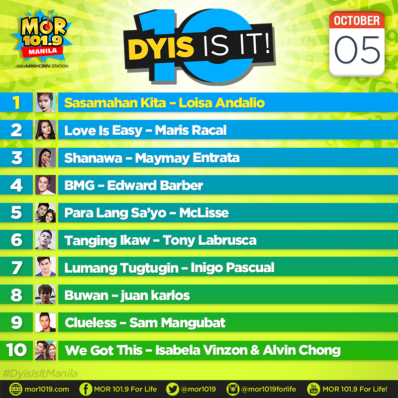 MORentPH's tweet photo. Dyis Is It kaMORkada! 
Ito ang ating Top 10 OPM hits ngayong October 5, 2018. https://t.co/mdNTLQCMpQ