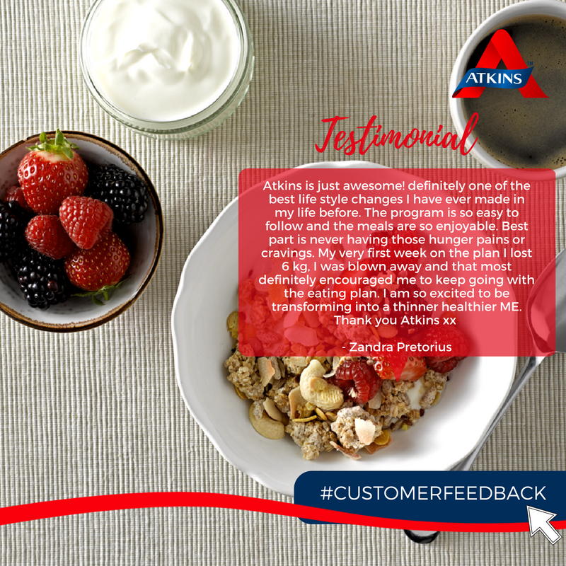 Atkins_SA's tweet photo. We love reading about our #AtkinsCommunity's successes with this lifestyle and how much our advice and products have helped in the process! Share your stories with us!

#FeedbackFriday #lowcarbcurious #lowcarb #lowsugar #Carbconscious #fitfam https://t.co/guxWfjk3jy