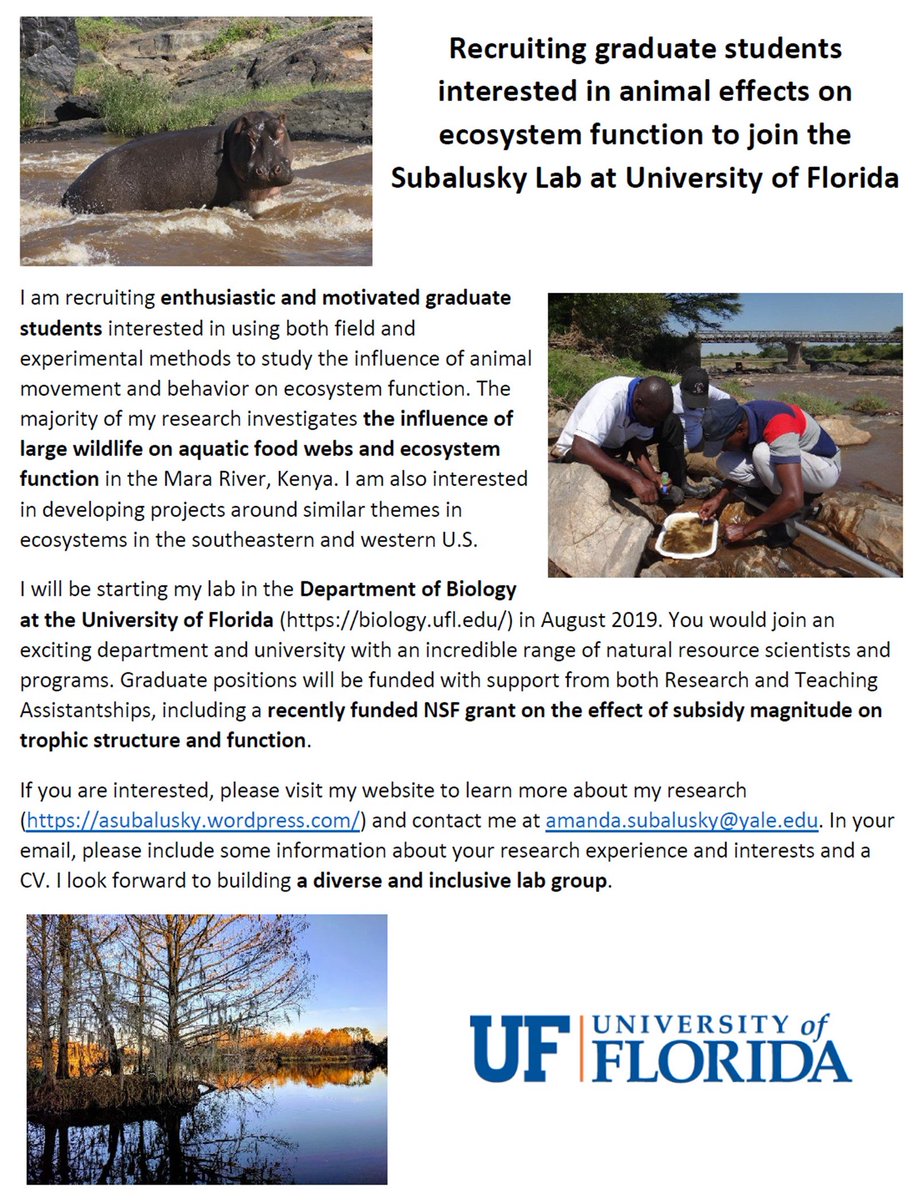 I'm thrilled to be starting as an Asst. Prof. in the Dept. of Biology @UF, @UF_CLAS in Aug. 2019. I'm recruiting grad students interested in animal effects on ecosystems. Current projects include an NSF grant on trophic structure/function in the Mara River, Kenya. Read more here: