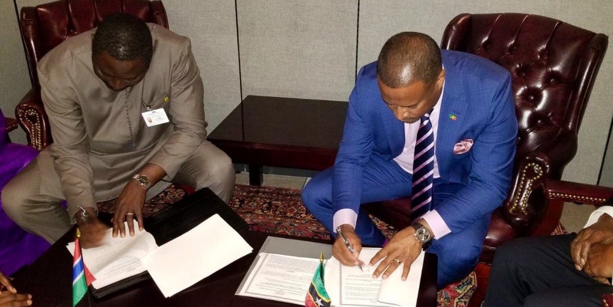 SKN_CIU's tweet photo. St. Kitts-Nevis is proud to sign a mutual visa waiver agreement with The Gambia, further allowing unrestricted travel for citizens of #SKN.
Hon. @markbrantley3 has continued to reinforce diplomatic relations for #StKittsNevis during the #UNGA2018 https://t.co/T0Z7xUERGY