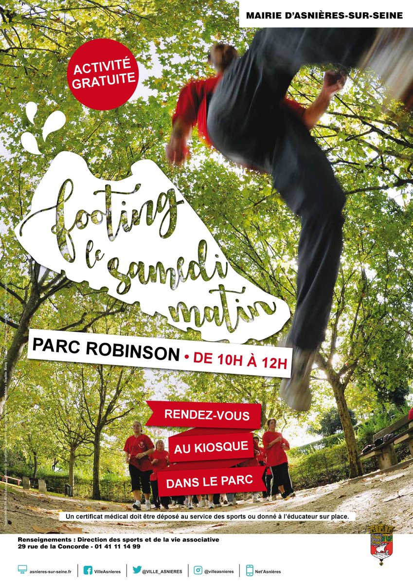 Vous aimez courir ? Chaussez vos baskets et rendez-vous le samedi matin au parc Robinson de 10h à 12h pour un footing en groupe. Activité gratuite.
📆 Tous les samedis, de 10h à 12h
📍 Point de départ : kiosque du parc.