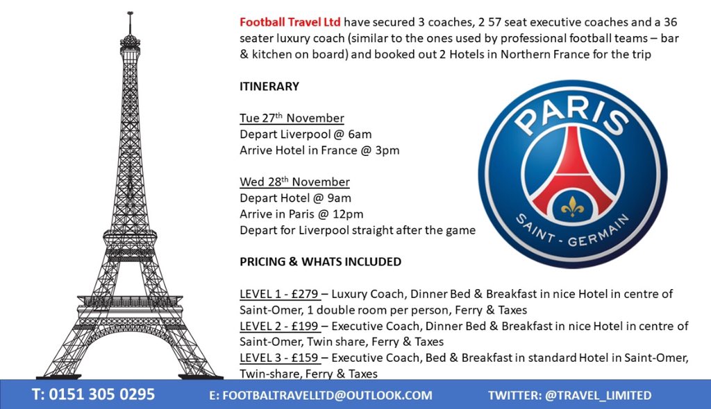 travel_limited's tweet photo. COMPETITION: PSG AWAY TRAVEL &amp; HOTEL (Exec Coach, Dinner, Bed &amp; Breakfast)
RT &amp; Follow for a chance to win a pair of our Level 2 Trip (worth £398)
To qualify you must live in the North-West &amp; be an active Liverpool Supporter
Winner announced 12pm 12/10 
🇫🇷🇫🇷🔴🔴🍻🍻 https://t.co/zX6UopC0vr