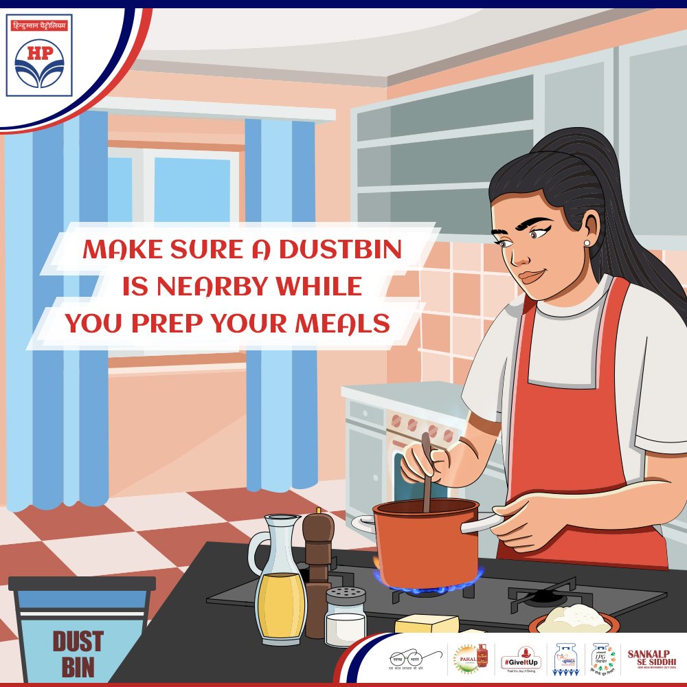HPCL's tweet photo. To ensure that your kitchen counter is mess free from the first step, keep the dustbin nearby so that you can dispose off seeds, peelings and such quickly. This also ensures these don’t show up in your final dish. #HPTips https://t.co/fxeDrAXp4U