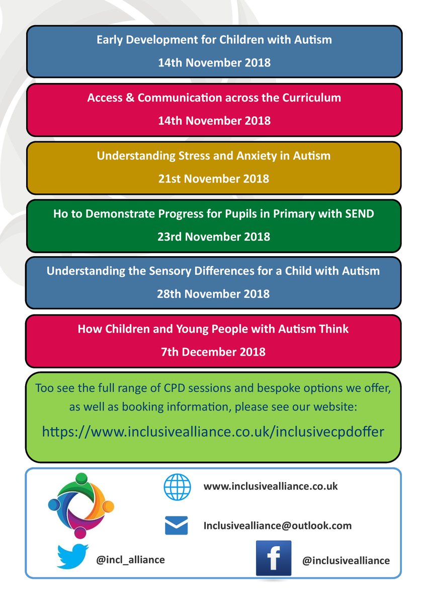 We have lots of exciting sessions on offer this side of Christmas. See the flyers below for info on these sessions. We also offer much more through our Inclusive Alliance, including bespoke sessions. See our website for full details: inclusivealliance.co.uk/inclusivecpdof…