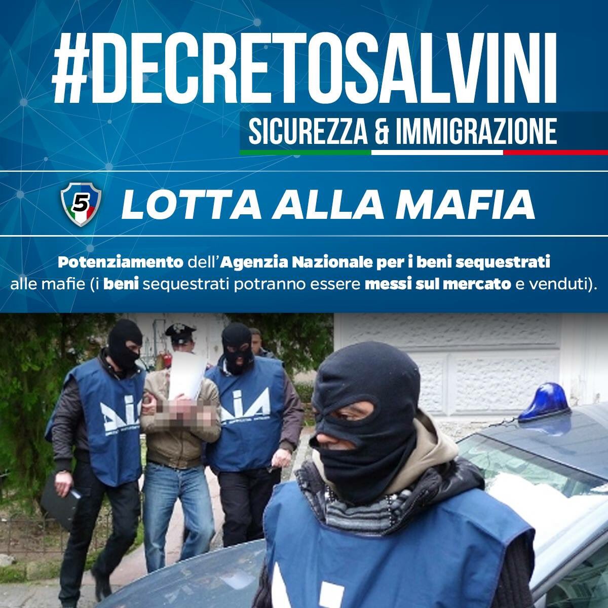 ✅ #DECRETOSALVINI / 5: LOTTA ALLA MAFIA
Potenziamento dell’Agenzia Nazionale per i beni sequestrati
alle mafie (i beni potranno essere messi sul mercato e venduti).
👉🏻 Diffondi anche tu!