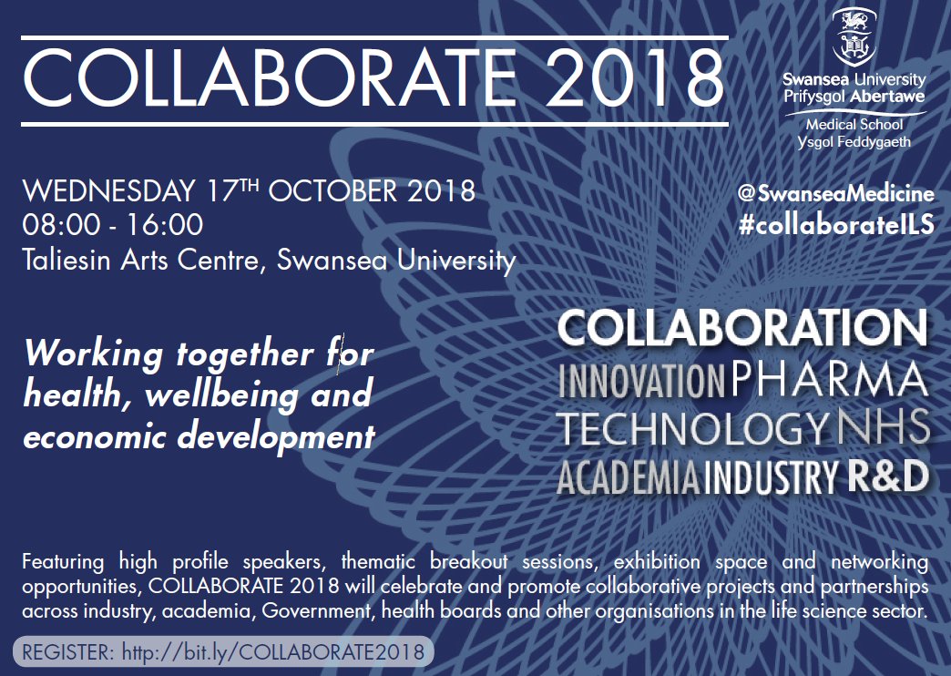 COLLABORATE 2018 is now less than 2 weeks away, don’t miss out register TODAY!: bit.ly/COLLABORATE2018 
This year’s sponsors include; @ABMhealth <a href="/ARCHProg/">ARCH</a> <a href="/AgorIP_swan/">AgorIP</a> <a href="/BevanCommission/">Bevan Commission</a> <a href="/CALIN_LifeSci/">CALIN</a> <a href="/HywelDdaHB/">Hywel Dda UHB</a> <a href="/lshubwales/">Life Sciences Hub Wales</a> <a href="/Pfizer_UK/">Pfizer UK</a> @SwanseaMedicine #collaborateILS