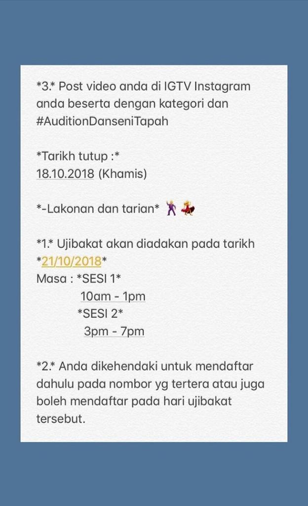 dansenitapah's tweet photo. Hello guys ! Audition DANSENI tiba lagi untuk semester . Jika anda mempunyai bakat , sila mendaftar untuk audition seperti tertera dibawah . Jangan lupa #AuditionDanseniTapah . See you guys there ! 😁 https://t.co/D9cgz7yI4F