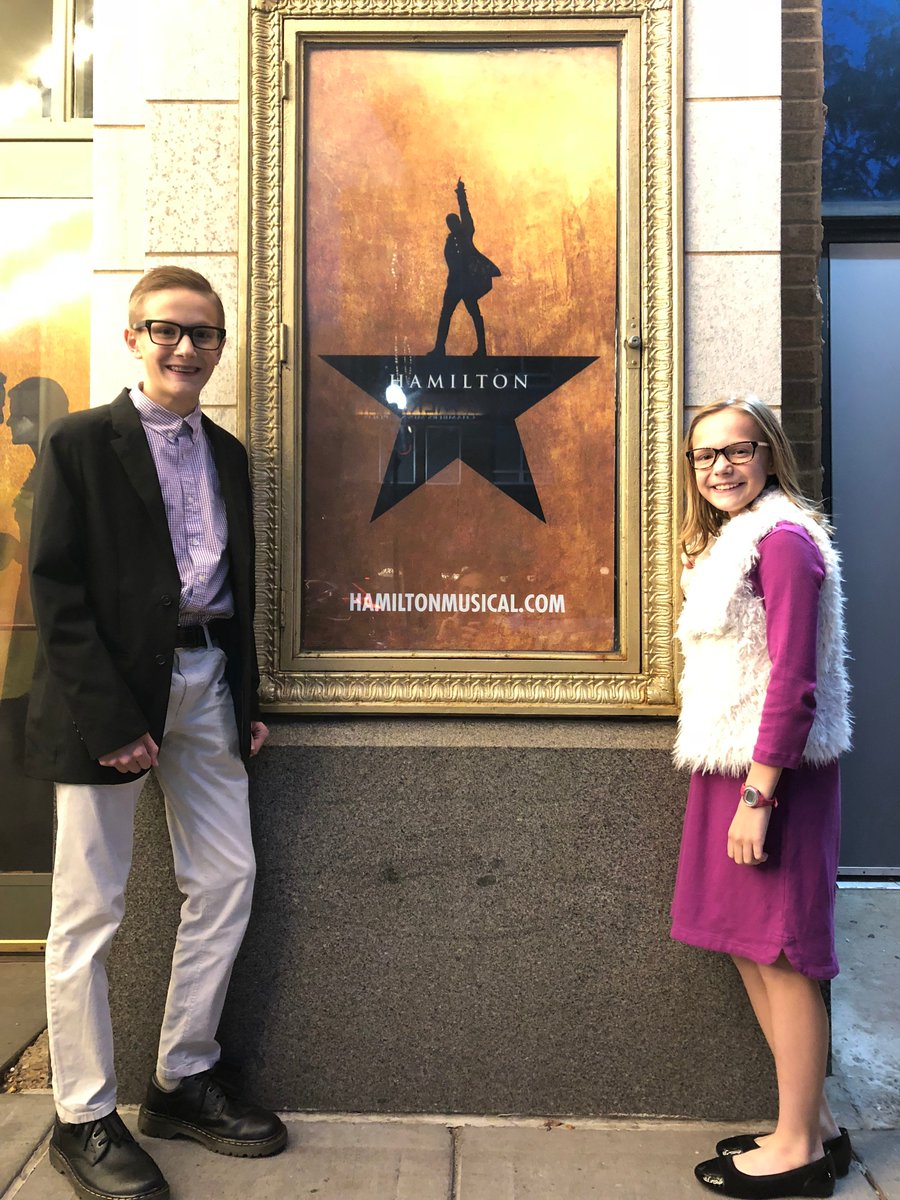 MinneapolisFed's tweet photo. That's the ticket! Our #Hamilton4all winner, Henry Long, and his sister, Greta, enjoyed @HamiltonMusical last night w/ the tickets he won for his hip-hoppy entry to our student social media contest. Nothing like the power of economics education. https://t.co/TIxBvSj4nU https://t.co/gWvpUdvdHL
