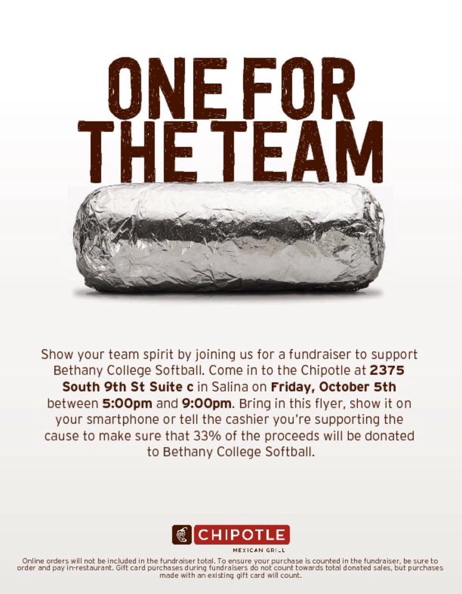 🚨🚨TONIGHT IS THE NIGHT!!! Head to Chipotle in Salina, Kansas from 5-9 pm!!! MUST SHOW THIS PICTURE OR MENTION BETHANY COLLEGE SOFTBALL WHEN YOU PAY!!! 🚨🚨