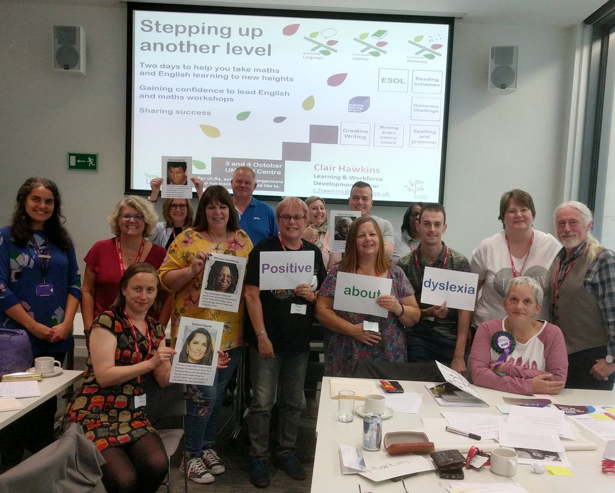 unisonlearning's tweet image. A photo to finish off #DyslexiaAwarenessWeek - here are participants of our Stepping Up Another Level course who are #PositiveAboutDyslexia!