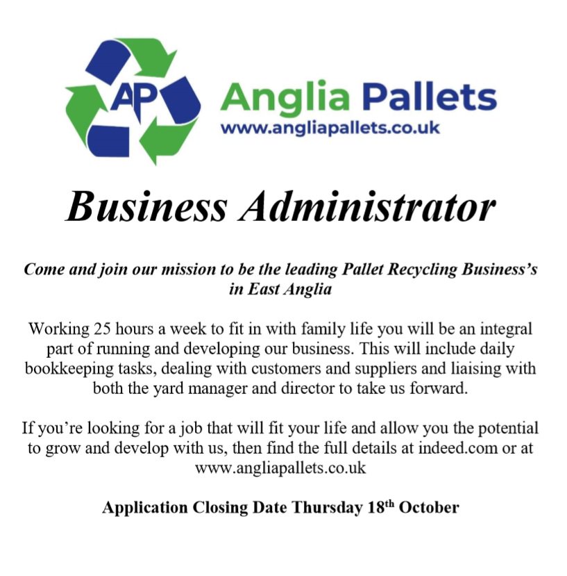 Come and join the family at Anglia Pallets and join us in our journey to be the leading #pallet #recycling company in East Anglia

 ow.ly/NTXv50jkoV8