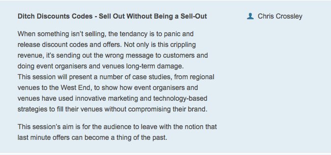 Super excited to return to speak at <a href="/ticketingprofs/">Ticketing Professionals Conference</a> in March - 'Ditch Discount Codes - Sell Out Without Being a Sell-Out ' - #TPC2019 schedule just announced ticketingprofessionals.co.uk/schedule-2019/ better start gif hunting...
